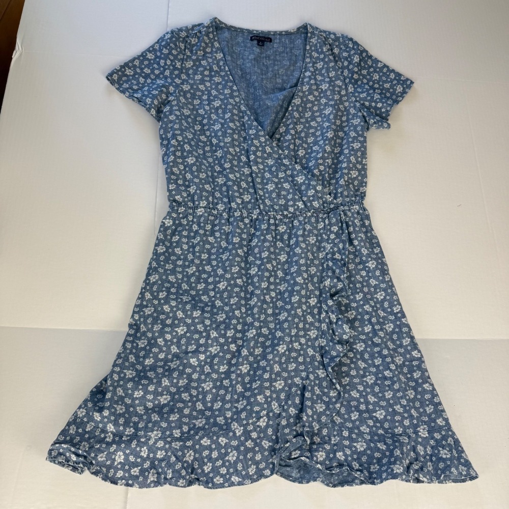 J.Crew Mercantile Womens Blue Floral Faux Wrap Ruffle Mini Dress Small V-Neck - Picture 7 of 7